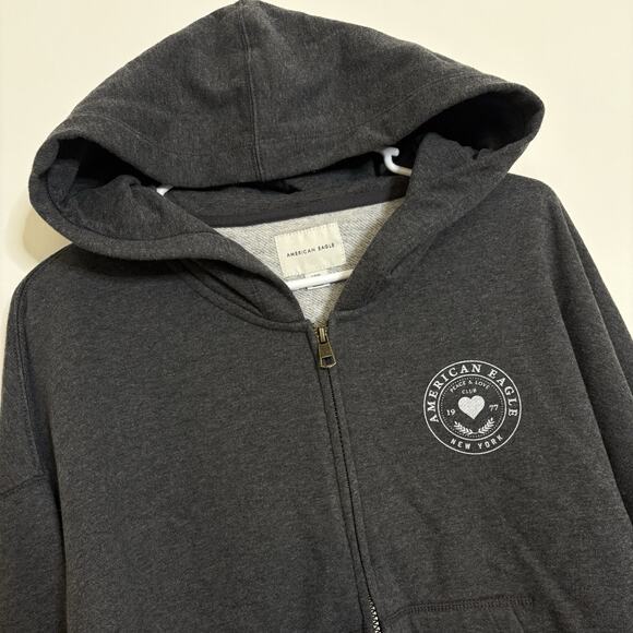 American Eagle Outfitters Tops - American Eagle Full Zip Hoodie Fleece Jacket Size Large Gray Graphic Pockets EUC